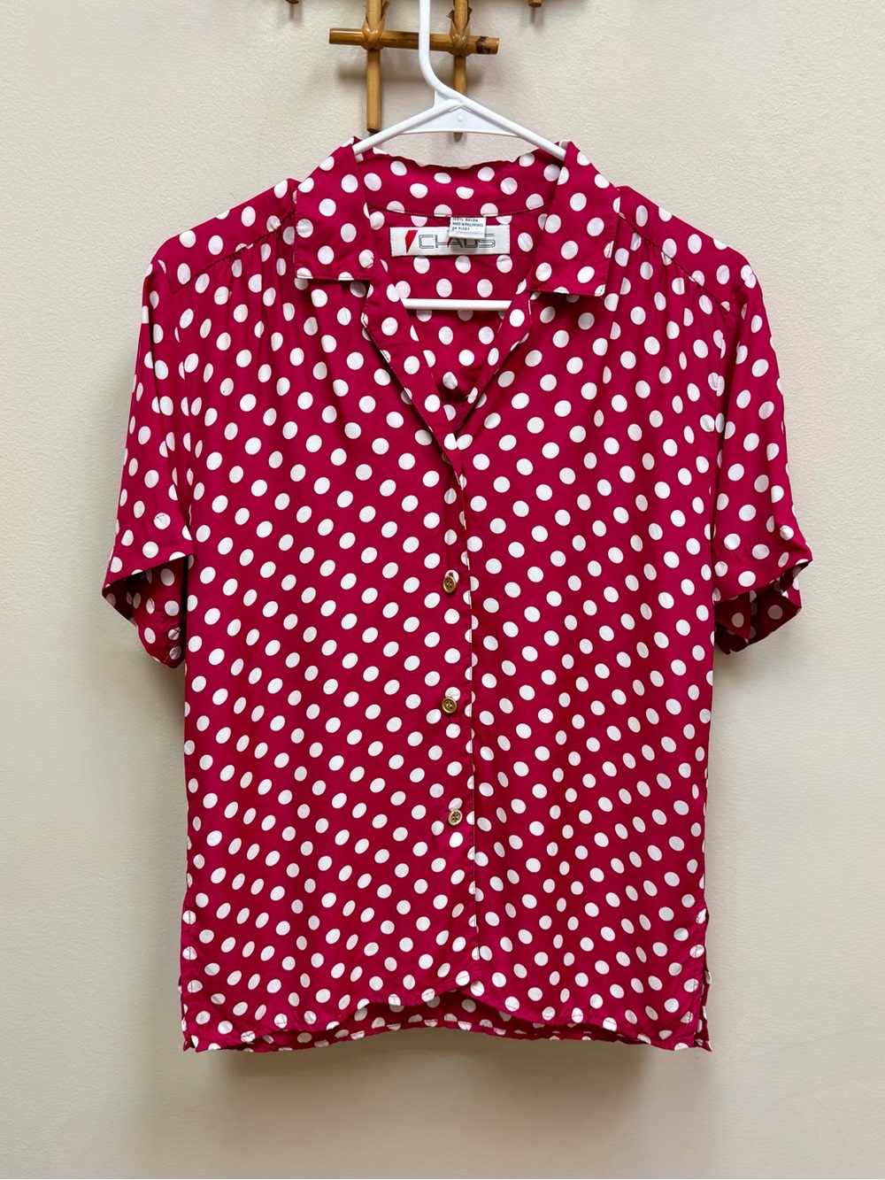 80s-90s Vintage 🩷 CHAUS Polka-Dot Button-Up Blouse